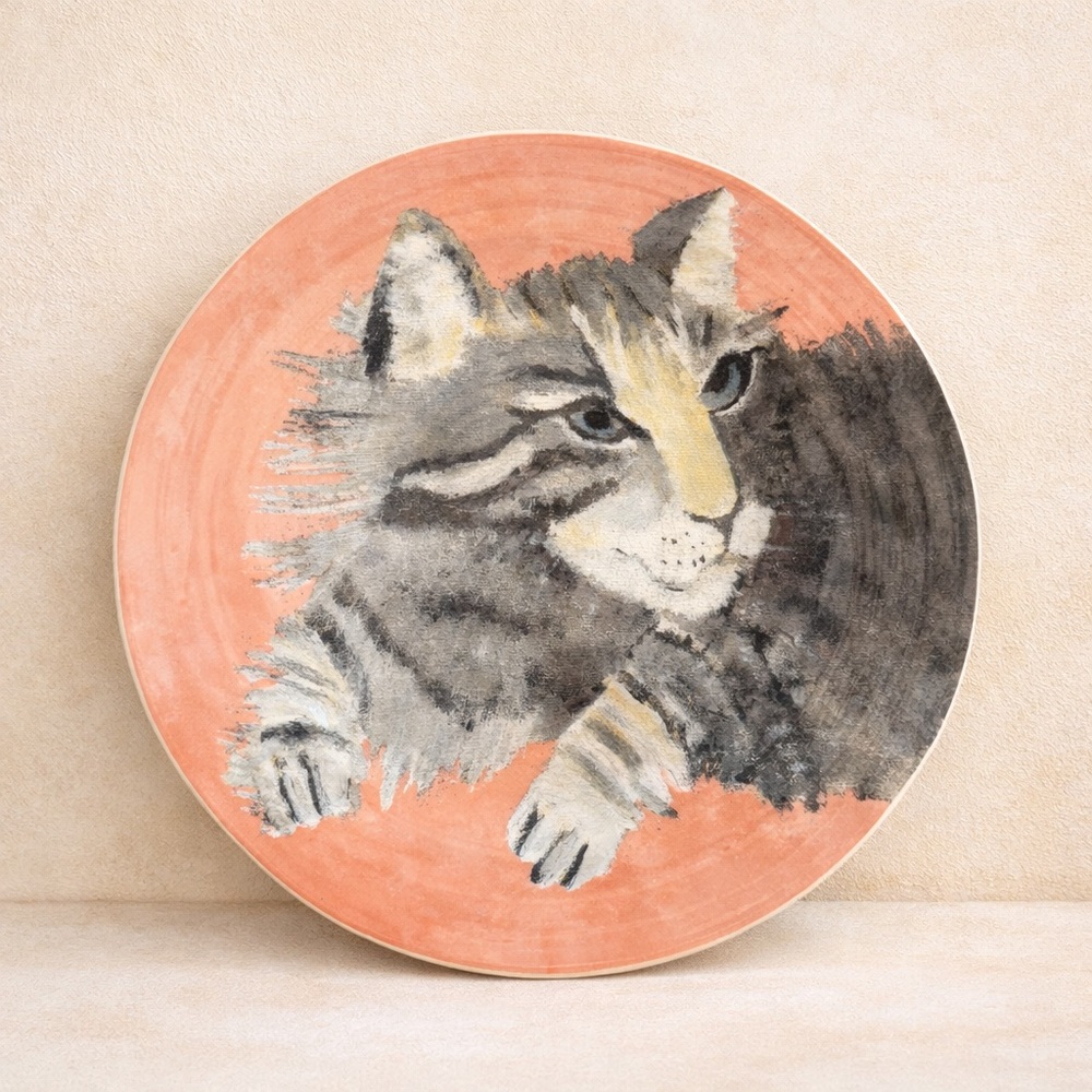 NEW Anthropologie Side Dessert Plate Carole Akins Tabby Cat Painting Decal 8.5"